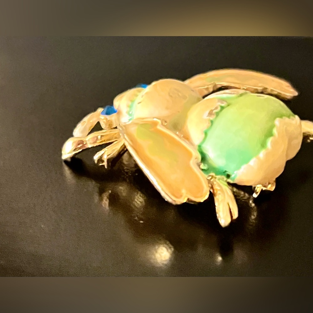 Weiss Gold Tone Green Yellow Enamel Blue Rhinestone Bug Pin Brooch, Signed